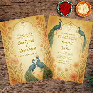 Peacock Floral Indian Hindu Wedding Watercolour Invitation