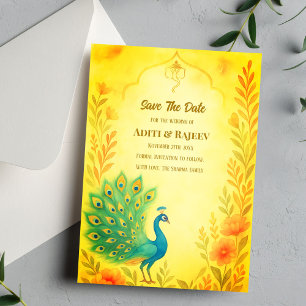 Peacock Floral Indian Wedding Save the Date Card