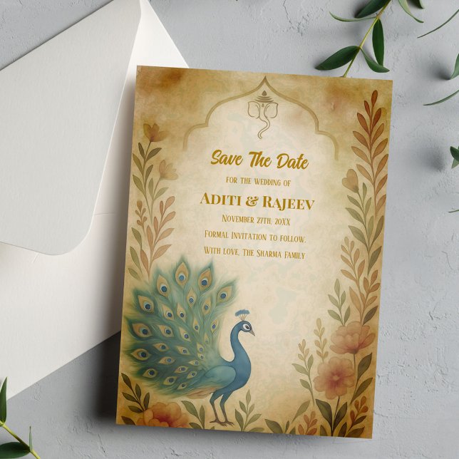 Peacock Floral Indian Wedding Save the Date Card (Creator Uploaded)