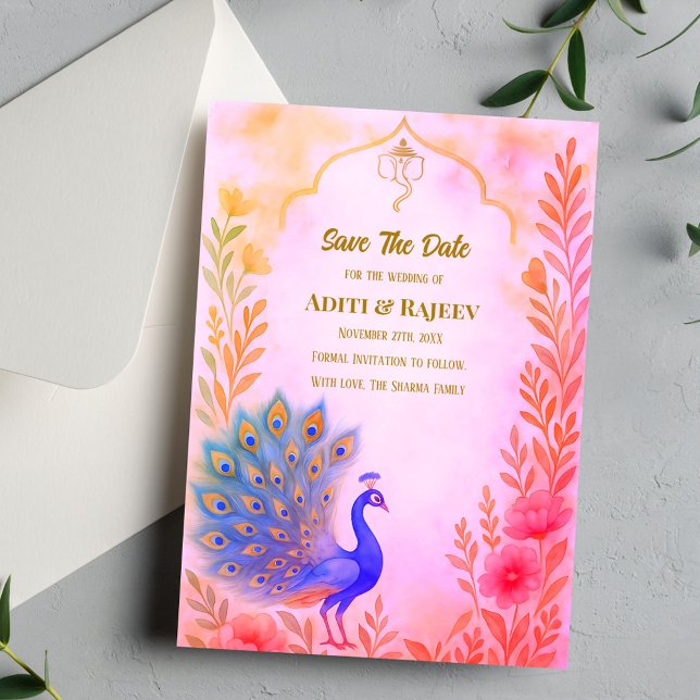 Peacock Floral Indian Wedding Save the Date Card (Creator Uploaded)