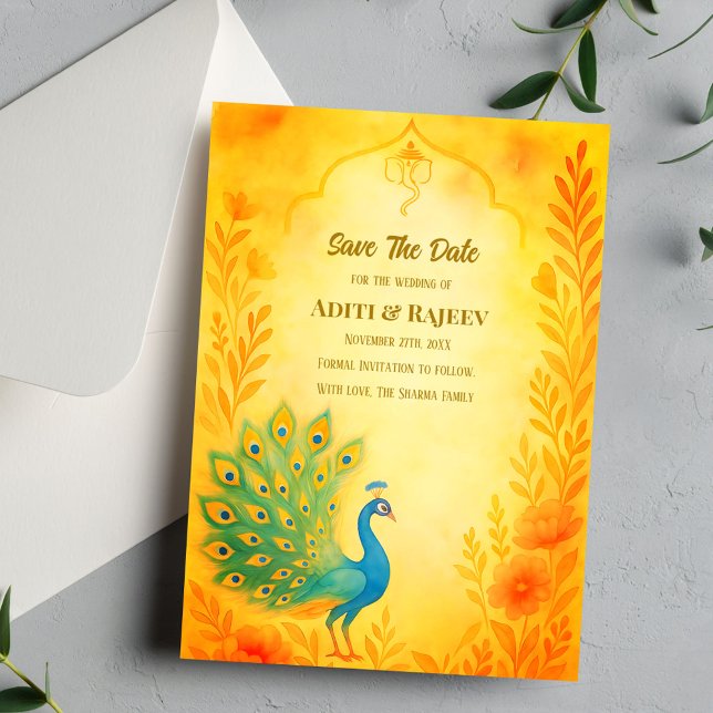 Peacock Floral Indian Wedding Save the Date Card (Creator Uploaded)