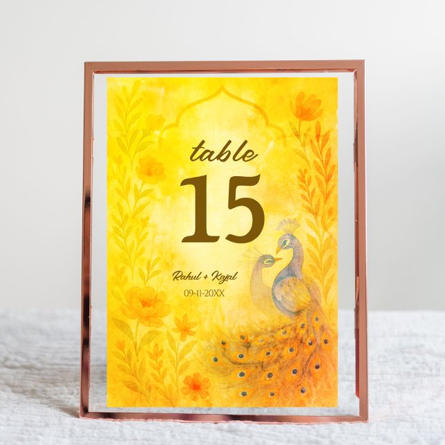 Peacock Floral Indian Wedding Table Number Card (Creator Uploaded)