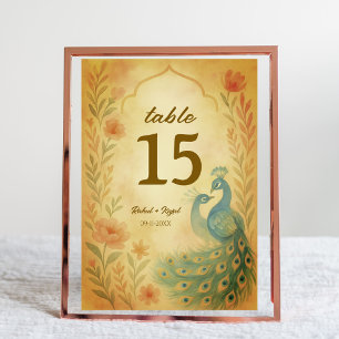 Peacock Floral Indian Wedding Table Number Card