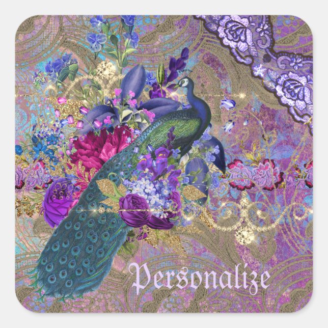 Peacock floral lace diamond elegant purple teal square sticker (Front)