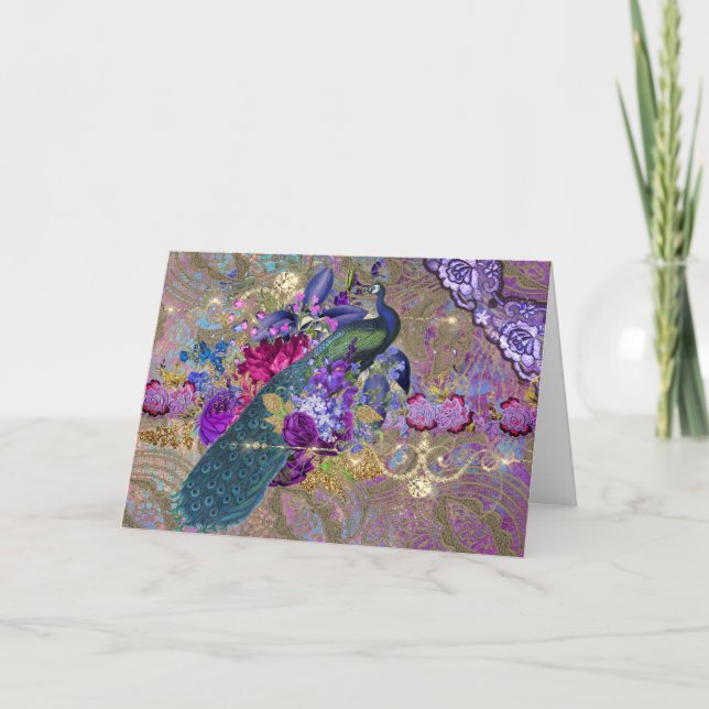 Peacock floral lace diamond whimsical glam collage card (Front)