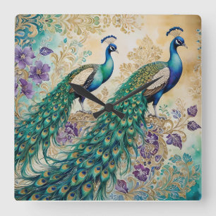 Peacock floral paisley watercolor square wall clock
