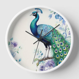 Peacock floral watercolor  clock