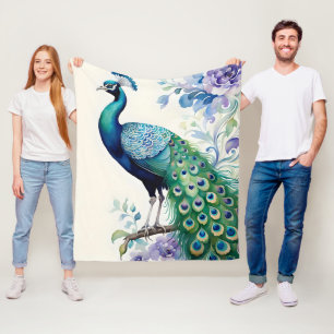 Peacock floral watercolor fleece blanket