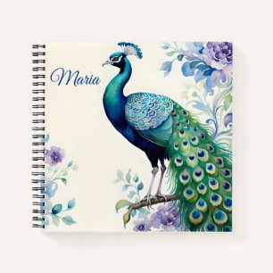 Peacock floral watercolor notebook