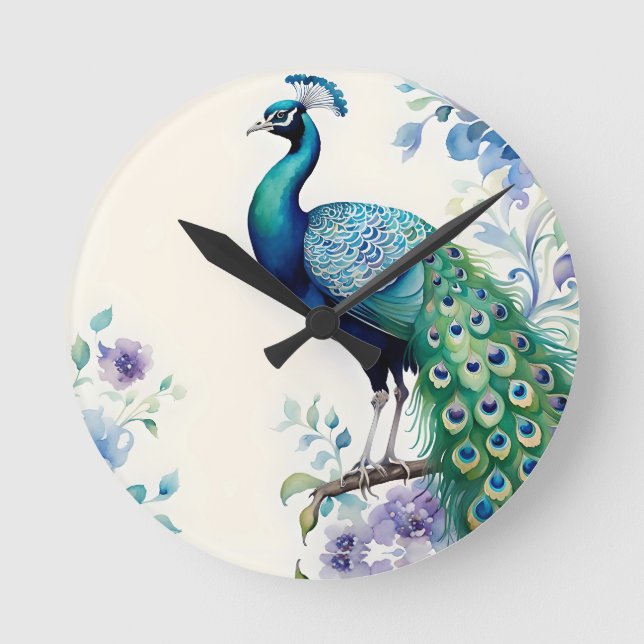 Peacock floral watercolor  round clock (Front)