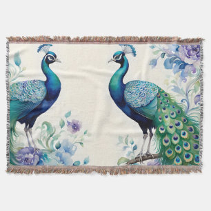 Peacock floral watercolor  throw blanket