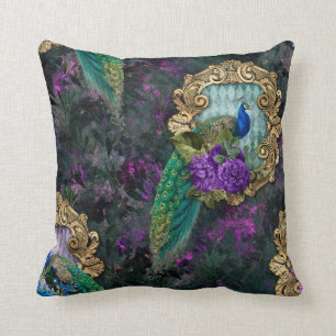 Peacock, Flowers, and Gold Frame Cushion