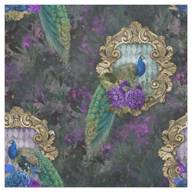 Peacock, Flowers, and Gold Frame Fabric (Swatch)