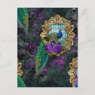 Peacock, Flowers, and Gold Frame Postcard