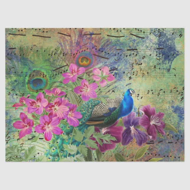 Peacock Flowers and Music Decoupage Tissue Paper (Front)