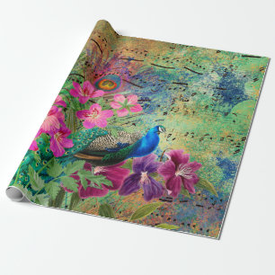 Peacock Flowers and Music Wrapping Paper