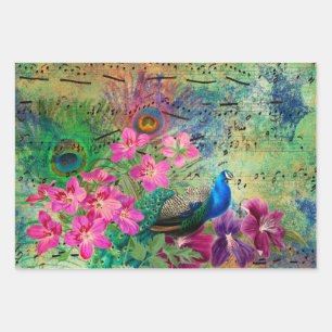 Peacock Flowers and Music Wrapping Paper Sheet