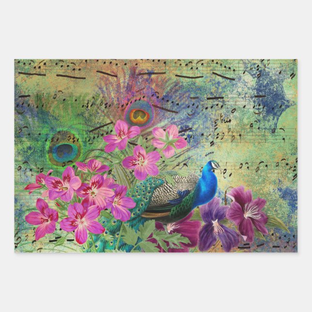 Peacock Flowers and Music Wrapping Paper Sheet (Front)
