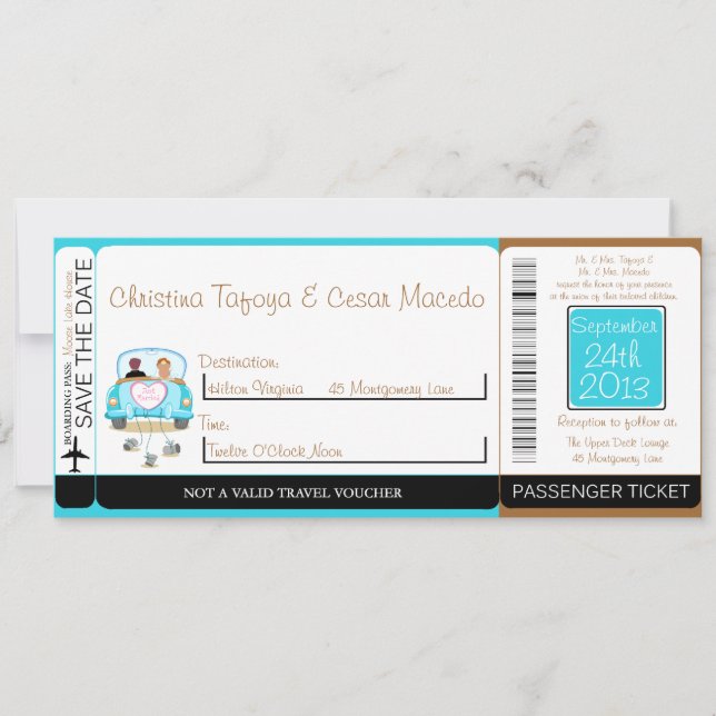 Peacock / Flowers Boarding Pass Wedding Invitation (Front)