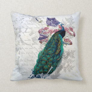 Peacock Flowers Vintage Graphic Art Colourful Cushion
