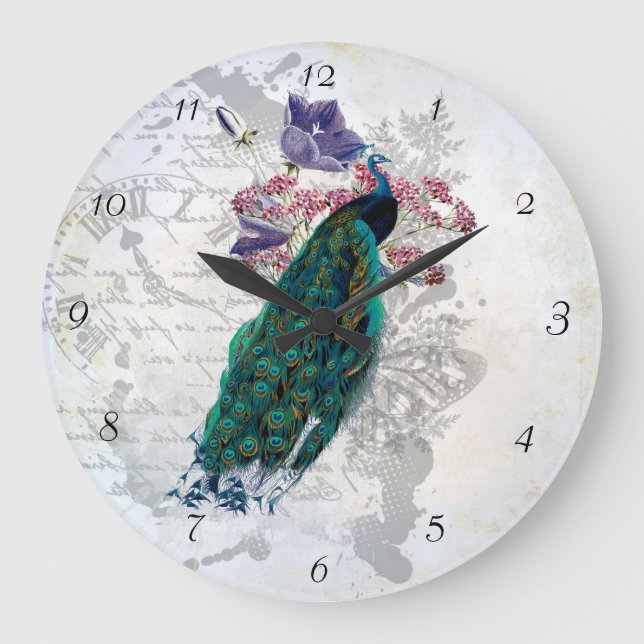 Peacock Flowers Vintage Graphic Art Colourful  Large Clock (Front)