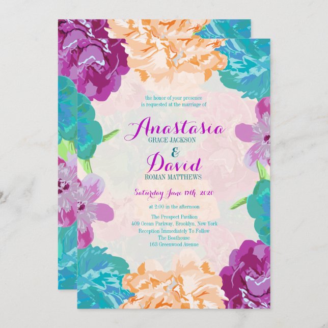 Peacock Flowers Wedding Invitation (Front/Back)