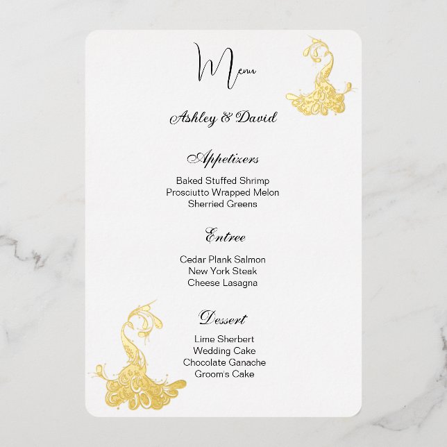 Peacock Foil Wedding Menu Card (Front)