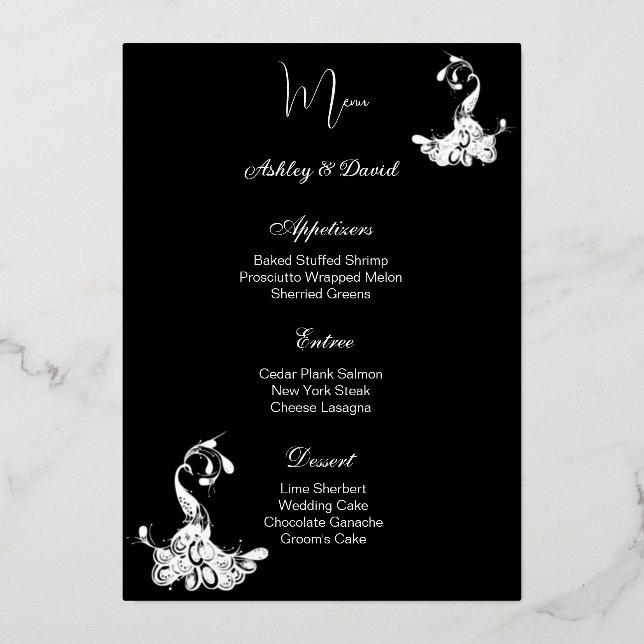 Peacock Foil Wedding Menu Card (Front)