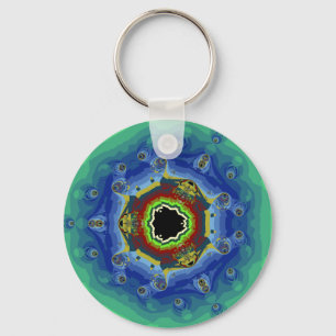 Peacock Fractal Mandala Blue Green Key Ring