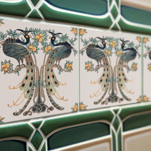 Peacock & Fruit Design by Mabel C. Dibble Art Deco Ceramic Tile