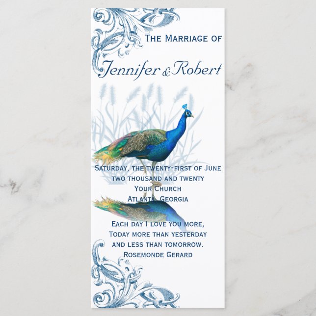 Peacock Garden in Blue and White Wedding Program (Front)