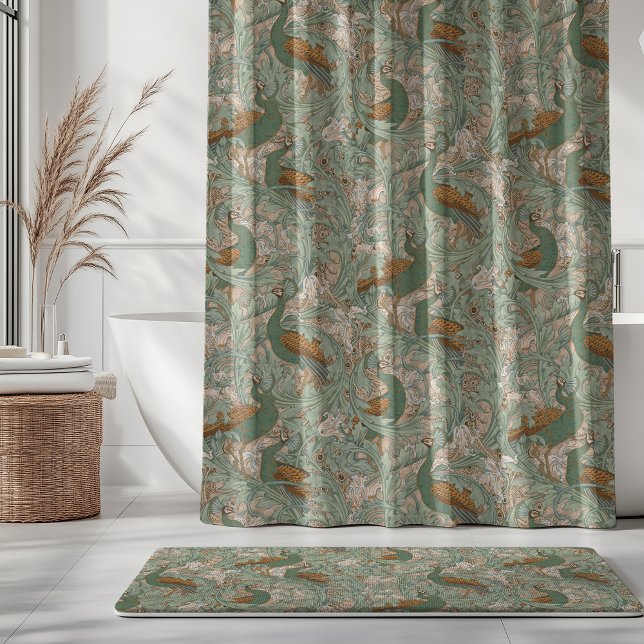 Peacock Garden in Green Beige Mustard  Shower Curtain (Creator Uploaded)