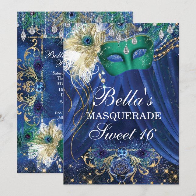 Peacock Glam Masquerade Birthday Party Invitations (Front/Back)