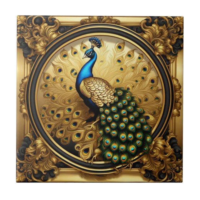 Peacock gold and black ornamental frame ceramic tile (Front)