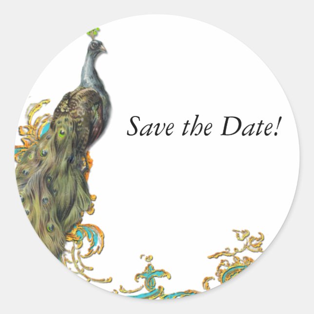 Peacock & Gold Filigree Classic Round Sticker (Front)