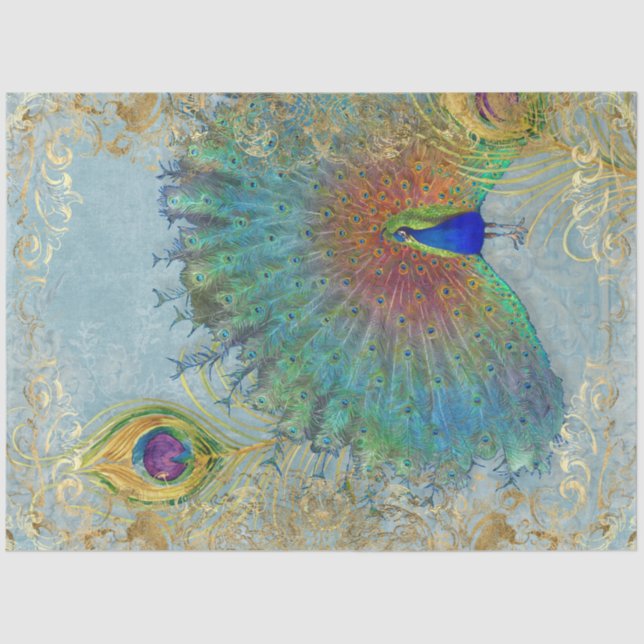 Peacock Gold Foil Scrollwork Feather Decoupage Art Tissue Paper (Front)