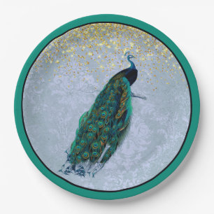 Peacock Gold Sparkles Watercolor Paper Plate