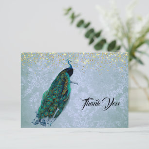 Peacock Gold Sparkles Watercolor Thank You Card