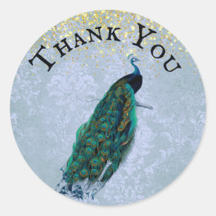 Peacock Gold Sparkles Watercolor Thank You Classic Round Sticker