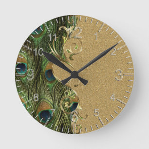Peacock Golden Swirling Ornament Template Round Clock