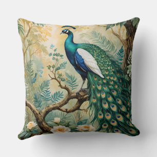 Peacock Golden Teal Floral Jungle Cushion