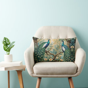 Peacock Golden Teal Floral Jungle Lumbar Cushion