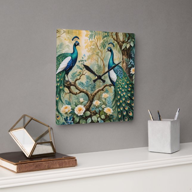 Peacock Golden Teal Floral Jungle Square Wall Clock (Office)