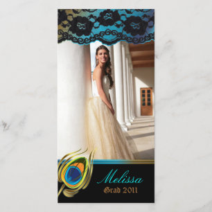 Peacock Graduation Photo Card Blue Gold Vertical