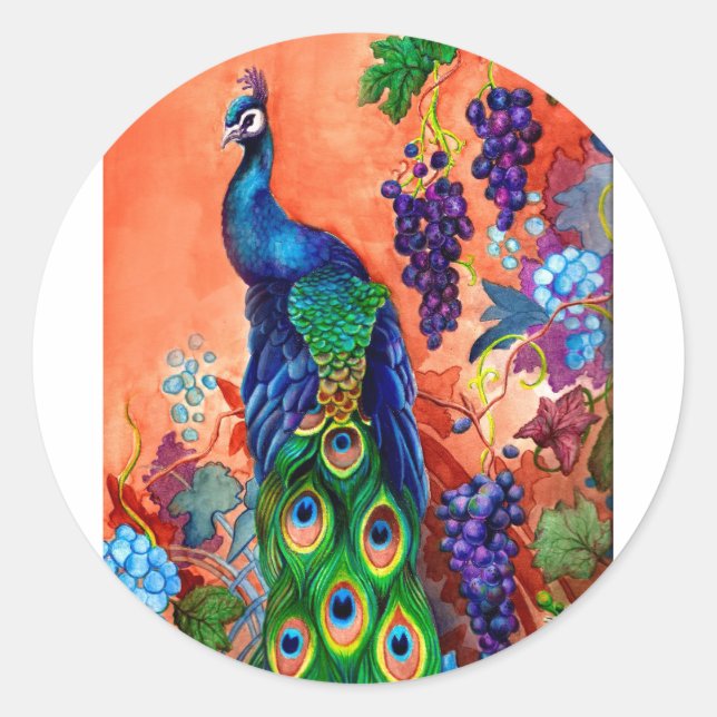 Peacock Grape Artwork Classic Round Sticker (Front)
