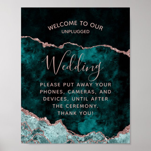 Peacock Green Agate Unplugged Wedding Welcome Sign (Front)