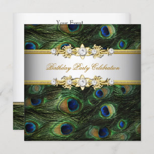 Peacock Green Blue Gold White Elegant Party Invitation