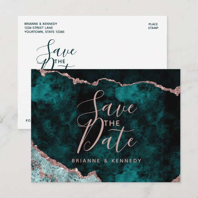 Peacock Green Rose Gold Agate Marble Save the Date Announcement Postcard (Front/Back)