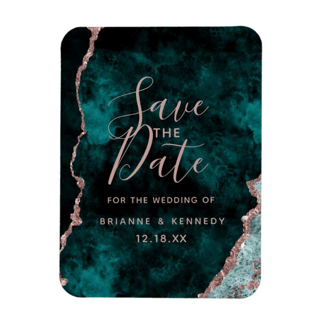 Peacock Green Rose Gold Agate Marble Save the Date Magnet (Vertical)