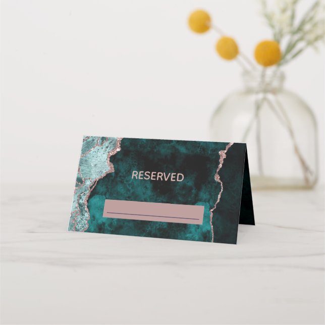 Peacock Green & Rose Gold Reserved Seating Wedding Place Card (Front)